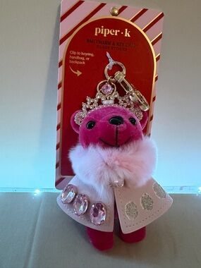 Piper Pink Plush Bear Key Charm with Jeweled Crown & Cape